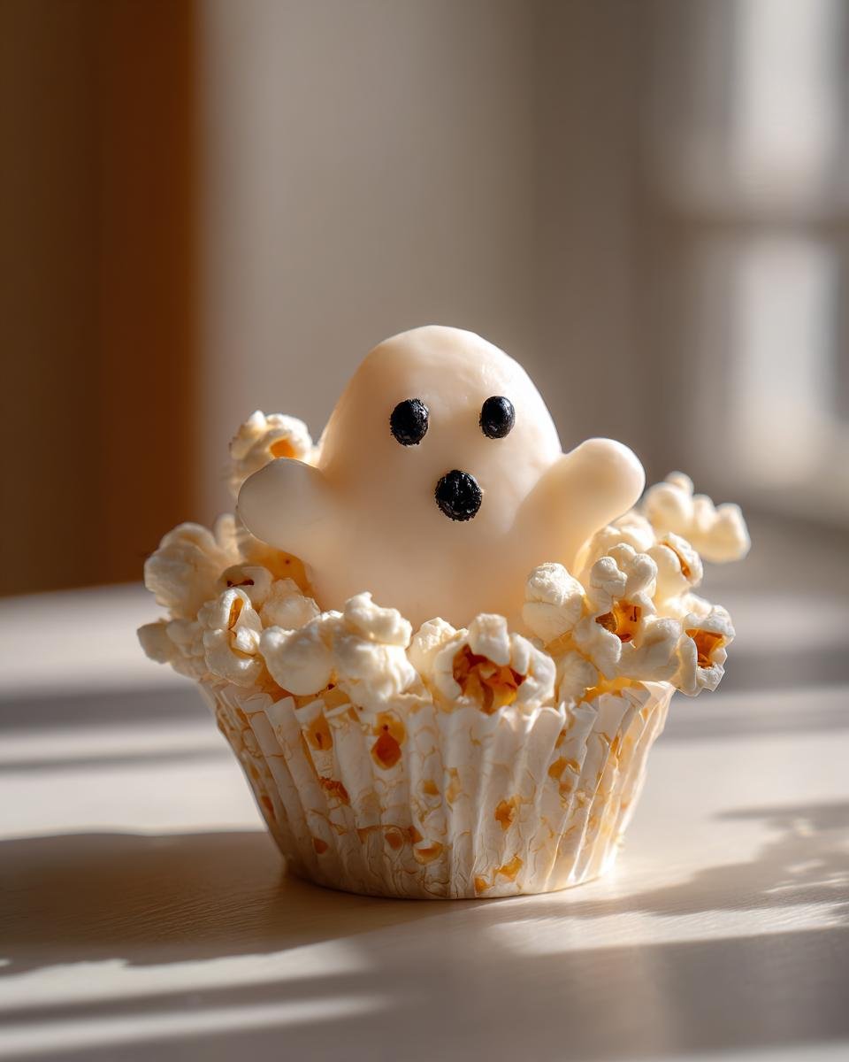 A single Ghost Popcorn Cup with a candy ghost and popcorn in a paper cup.