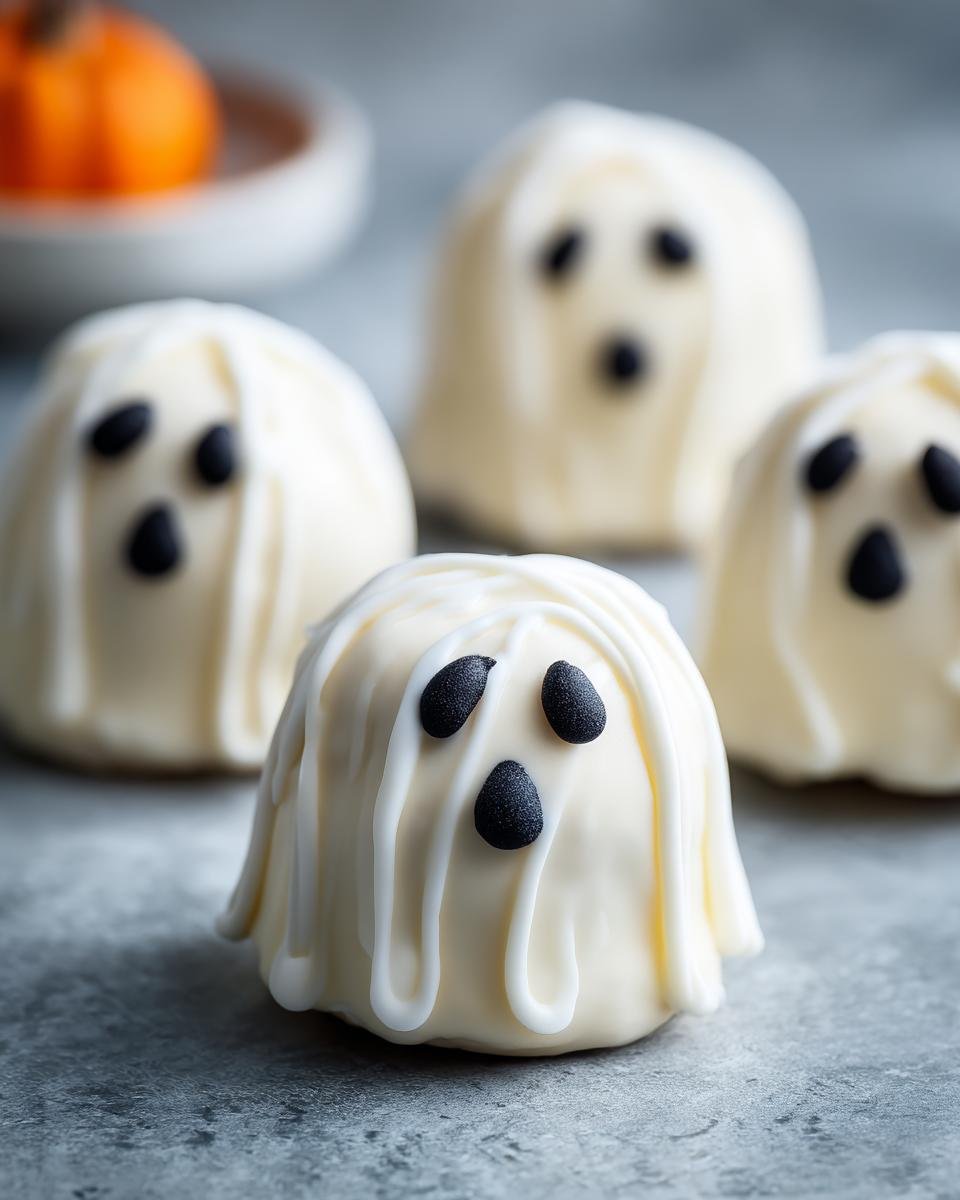 Close-up of homemade Ghost Popcorn Cups, a festive Halloween treat with white chocolate and candy eyes.