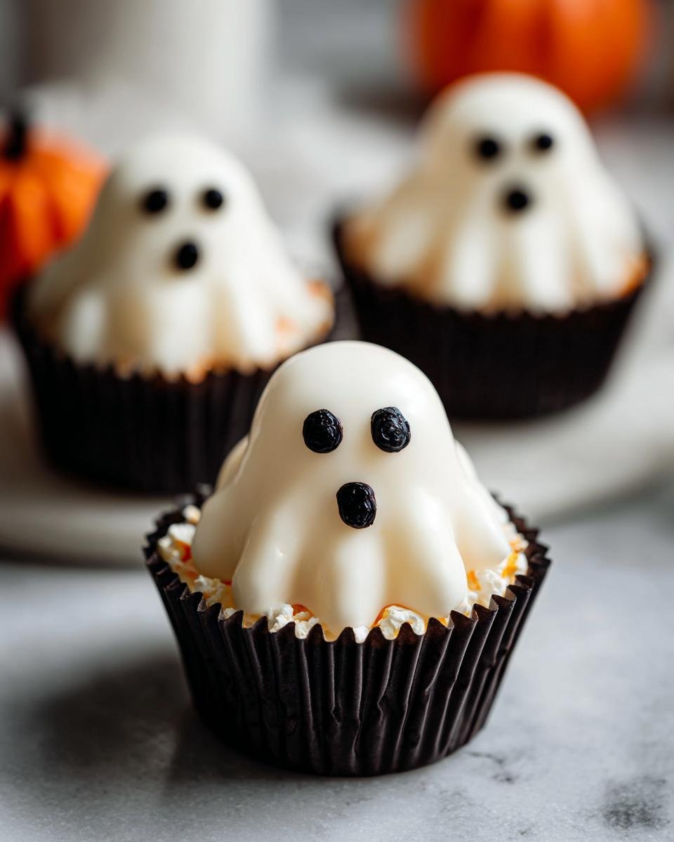 Three adorable Ghost Popcorn Cups in black cupcake liners, ready for a Halloween treat.