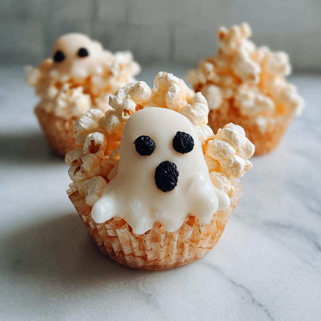Three Ghost Popcorn Cups, a delightful Halloween treat, on a marble surface.