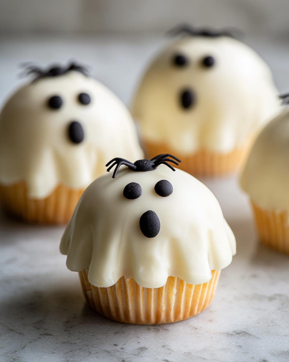 Close-up of homemade Ghost Popcorn Cups, a fun and easy Halloween treat. They feature candy eyes and mouths.