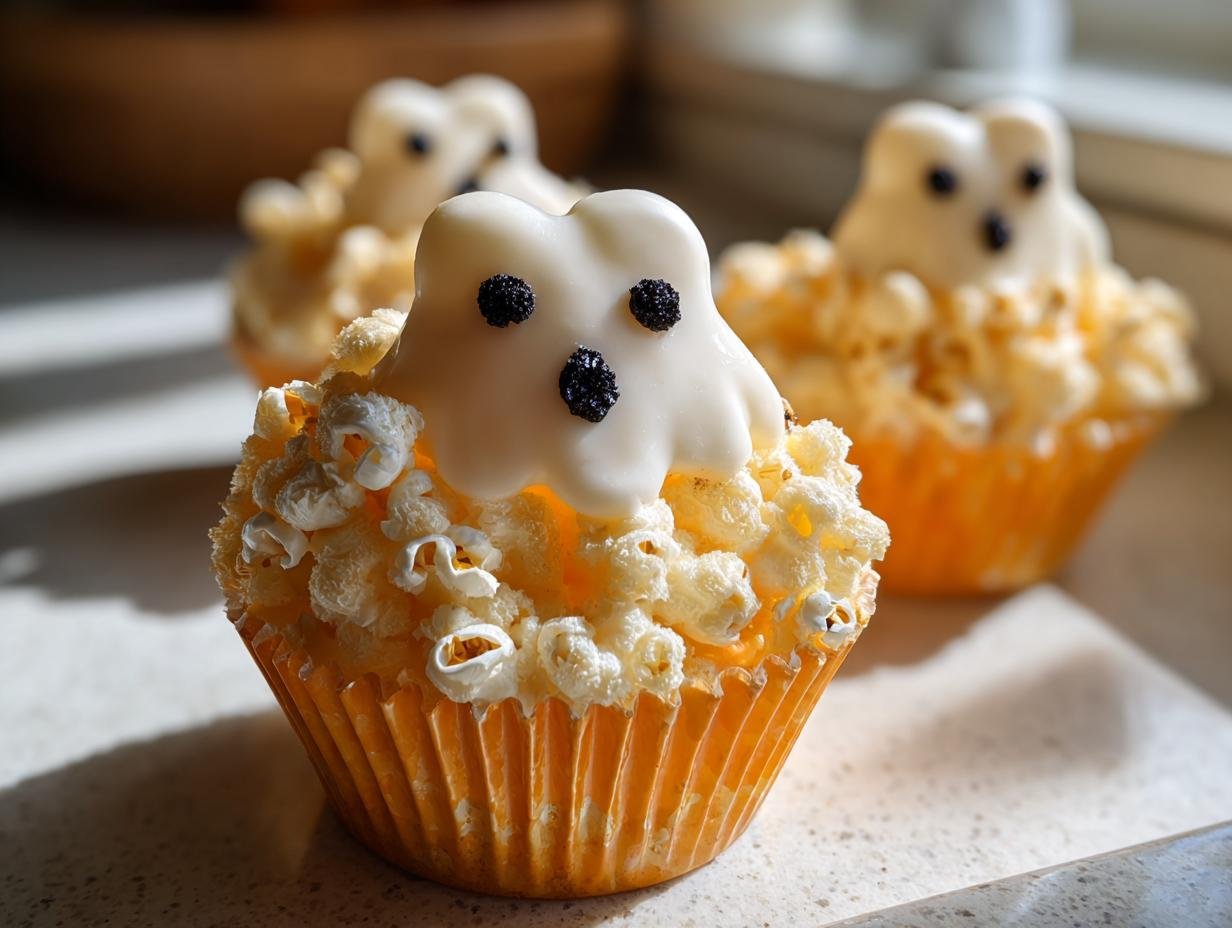 Close-up of homemade Ghost Popcorn Cups in orange cupcake liners, decorated with white chocolate ghosts.