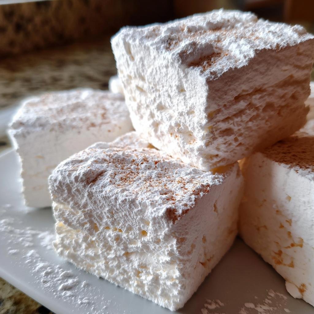 Close-up of homemade Ghostbusters Stay Puft Marshmallows, dusted with powdered sugar and cinnamon.