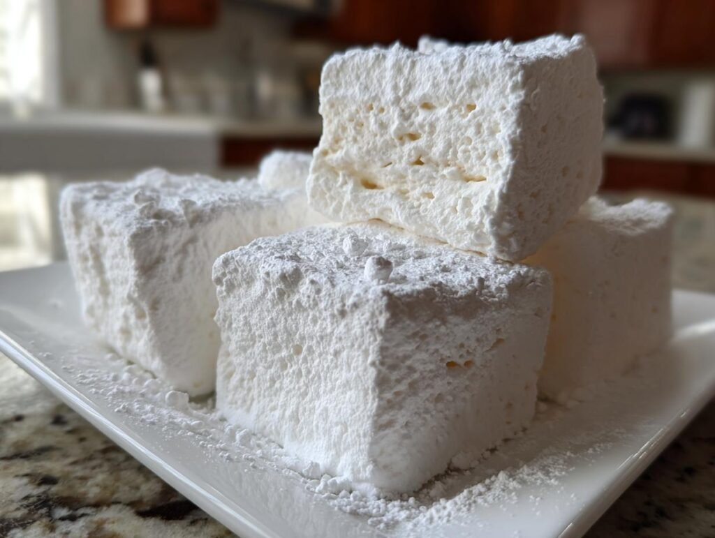Close-up of homemade Ghostbusters Stay Puft Marshmallows dusted with powdered sugar on a white plate.