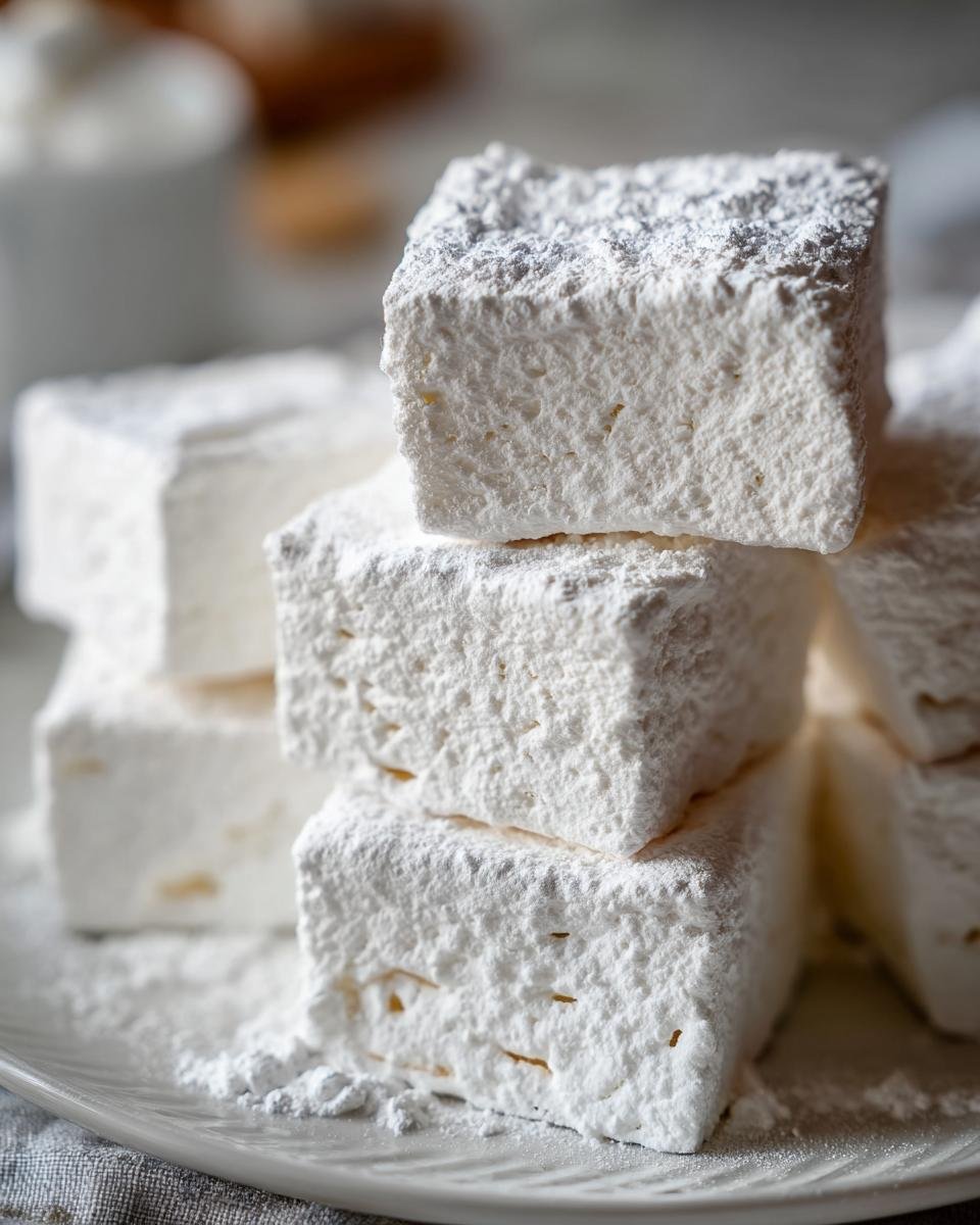 Close-up of stacked, homemade Ghostbusters Stay Puft Marshmallows dusted with powdered sugar.