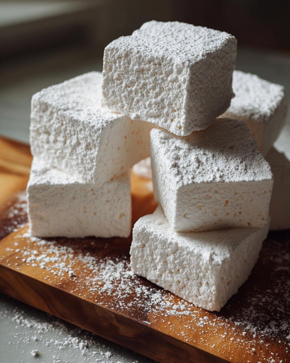 Stack of Ghostbusters Stay Puft Marshmallows dusted with powdered sugar on a wooden board.