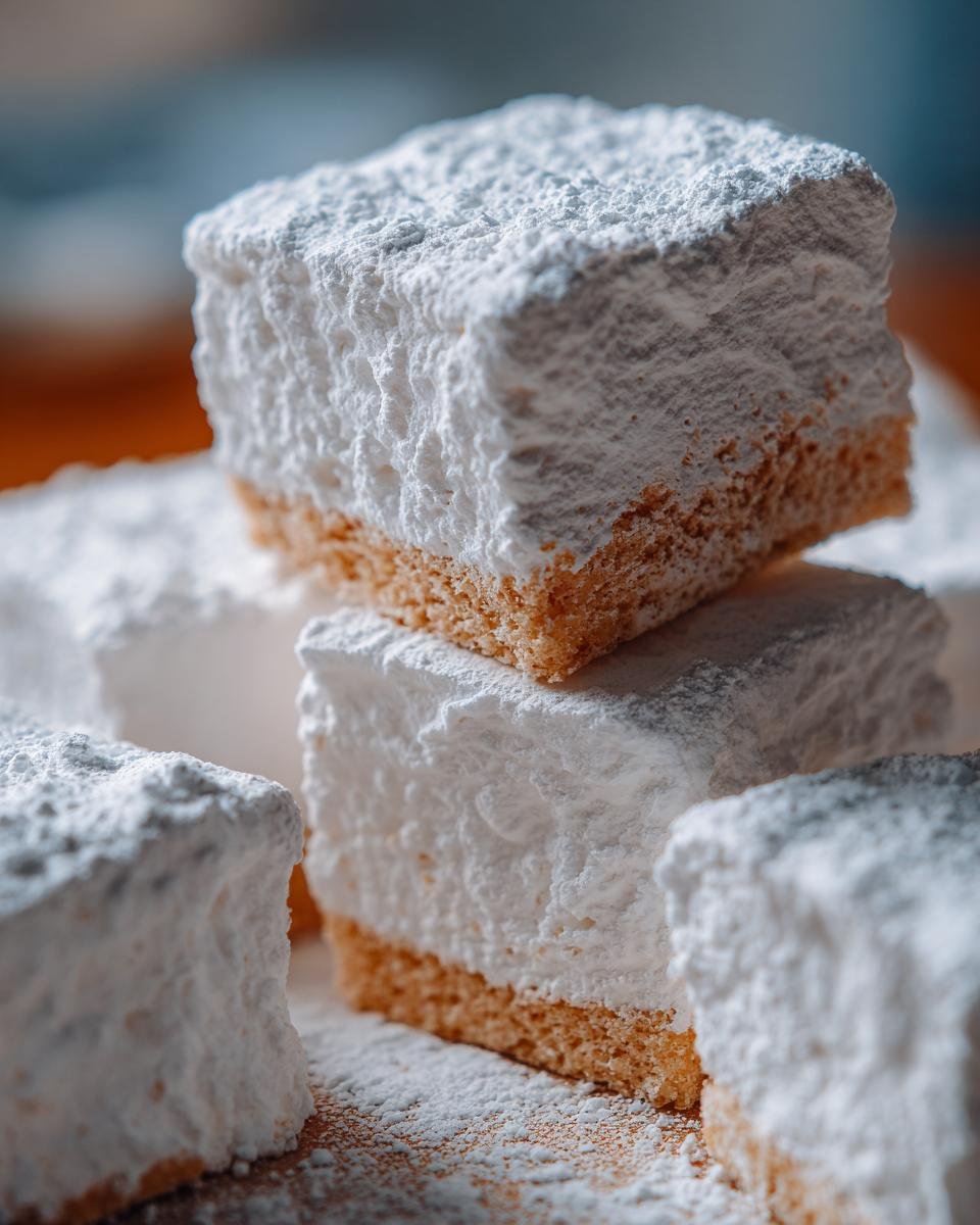 A stack of homemade Ghostbusters Stay Puft Marshmallows dusted with powdered sugar.