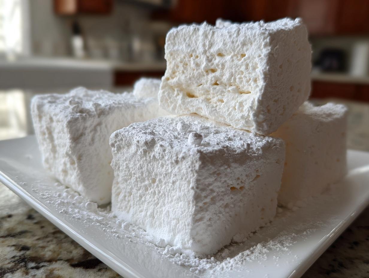 Close-up of homemade Ghostbusters Stay Puft Marshmallows dusted with powdered sugar on a white plate.