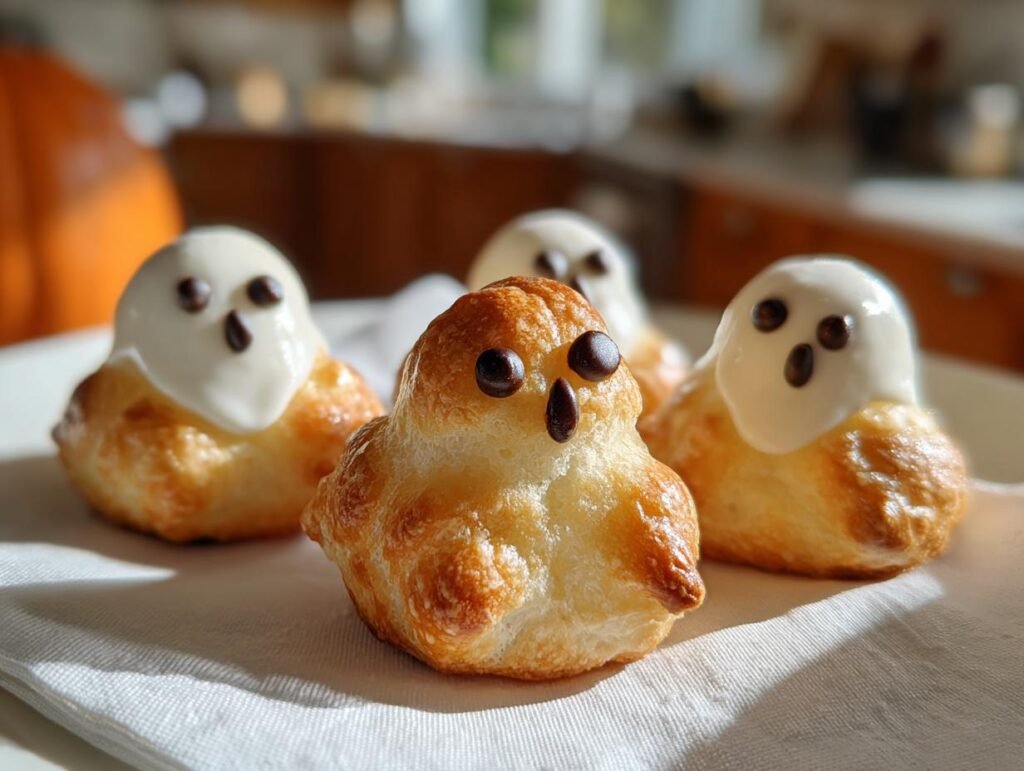 Close-up of homemade Ghostly Cheese Puffs, decorated with cheese and chocolate chips for a spooky Halloween treat.