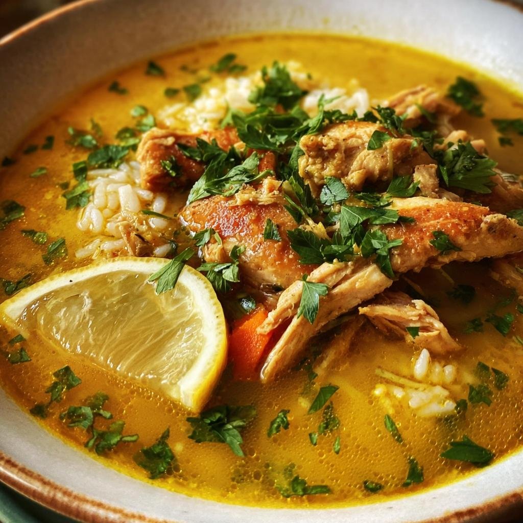 A bowl of Ginger Turmeric Chicken and Rice Soup garnished with parsley and a lemon wedge.