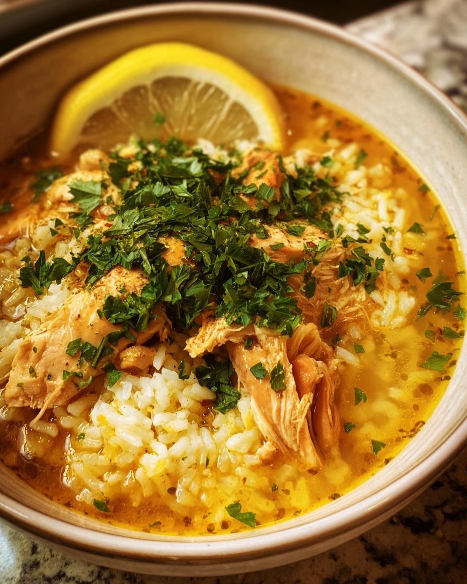Close-up of a bowl of Ginger Turmeric Chicken and Rice Soup, garnished with lemon and parsley.