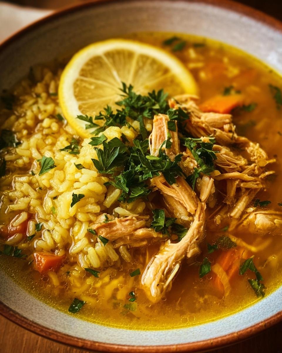 A bowl of Ginger Turmeric Chicken and Rice Soup, garnished with lemon and parsley.