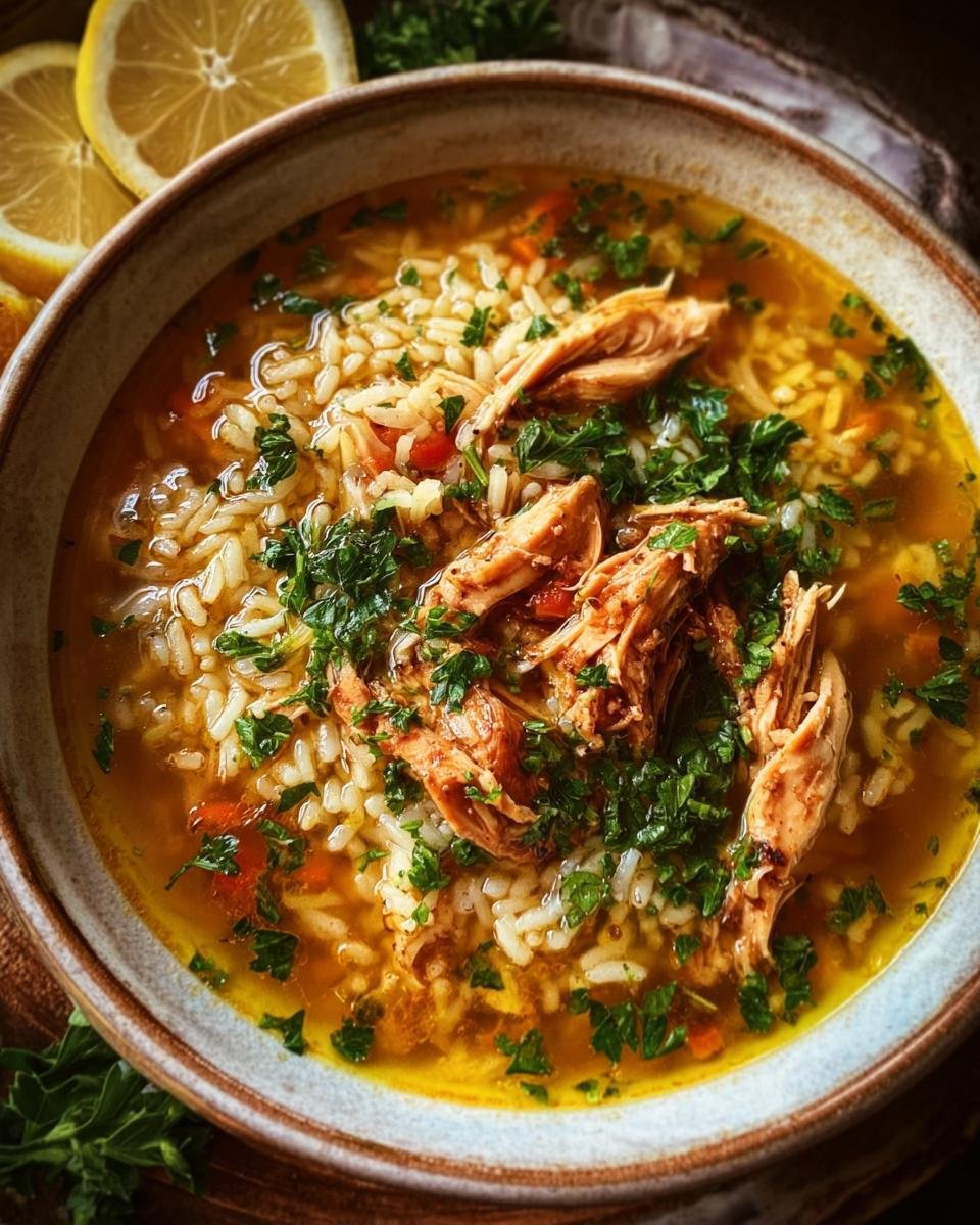 Bowl of Ginger Turmeric Chicken and Rice Soup, garnished with parsley and served with lemon wedges.