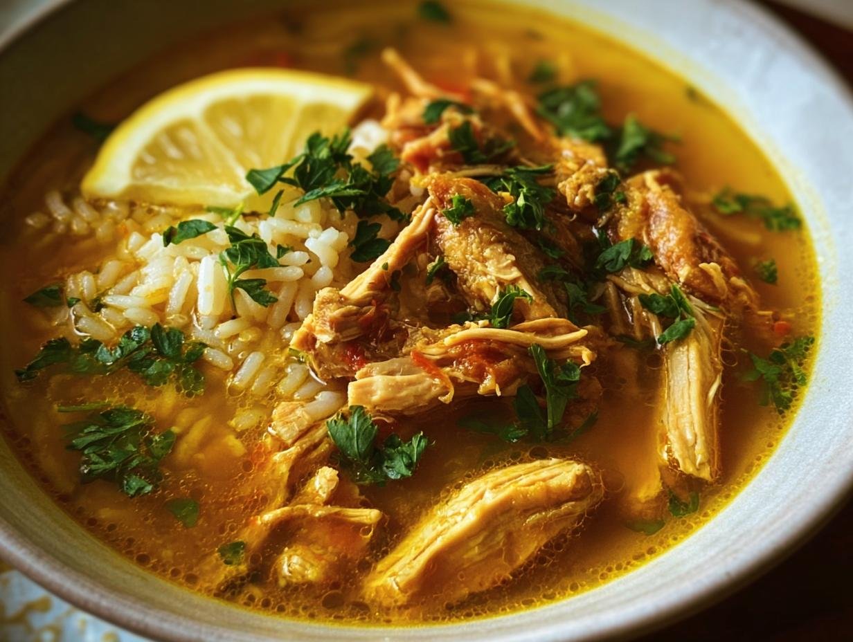 A bowl of Ginger Turmeric Chicken and Rice Soup, garnished with fresh parsley and a lemon wedge.