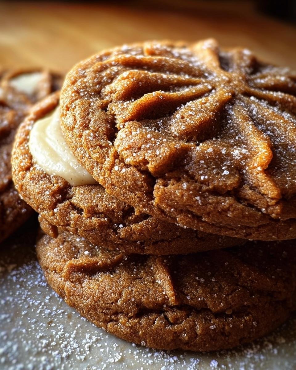 A stack of delicious Gingerbread Cheesecake Cookies with cream cheese filling, dusted with sugar.