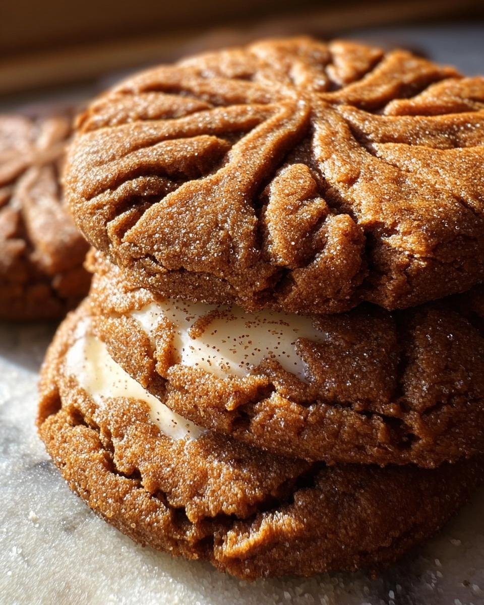 A stack of three Gingerbread Cheesecake Cookies with visible cheesecake filling between the cookies.