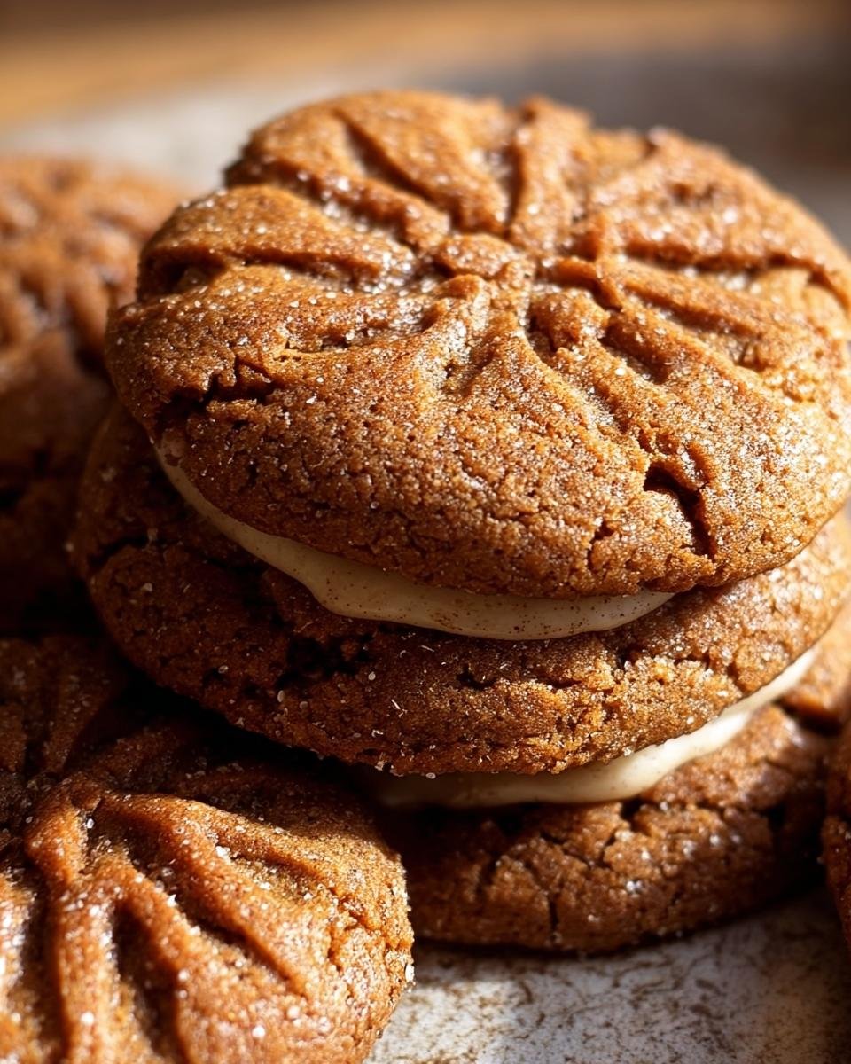 A stack of delicious Gingerbread Cheesecake Cookies, showcasing the creamy filling and textured cookie surface.