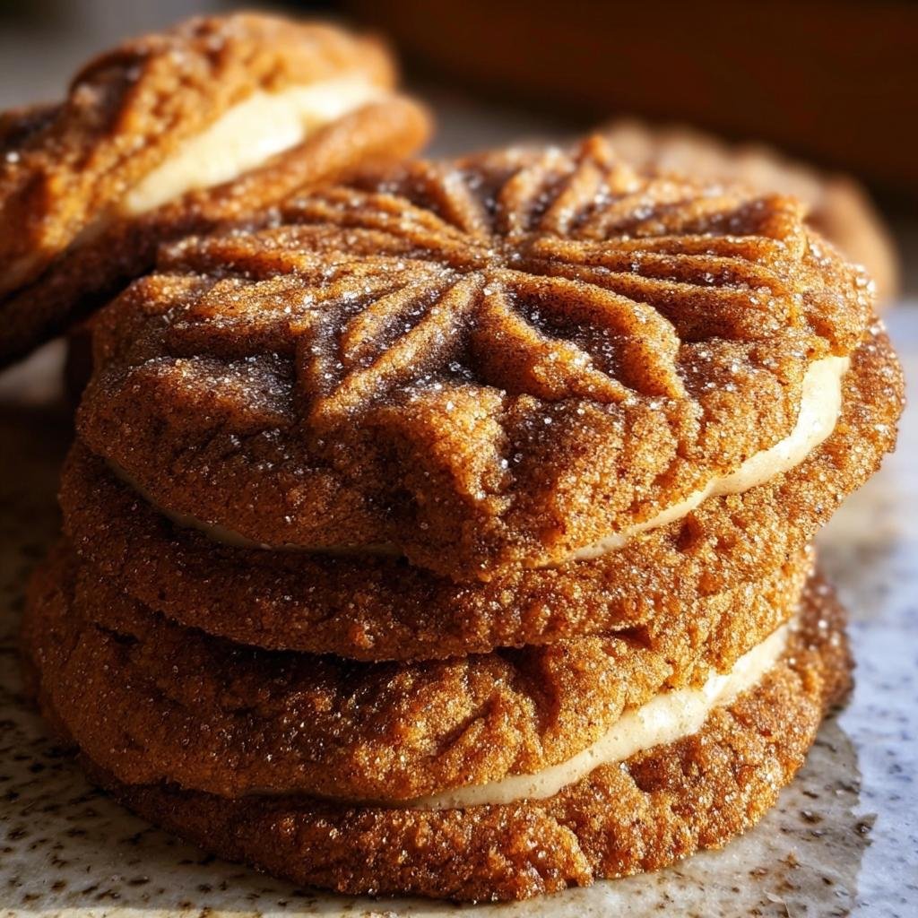 A stack of three Gingerbread Cheesecake Cookies with visible cream cheese filling.