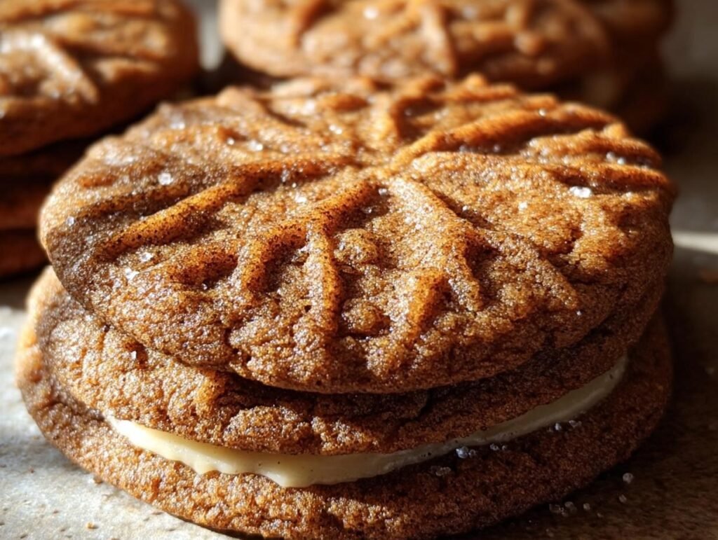 Close-up of stacked Gingerbread Cheesecake Cookies with visible cheesecake filling and sugar sprinkles.