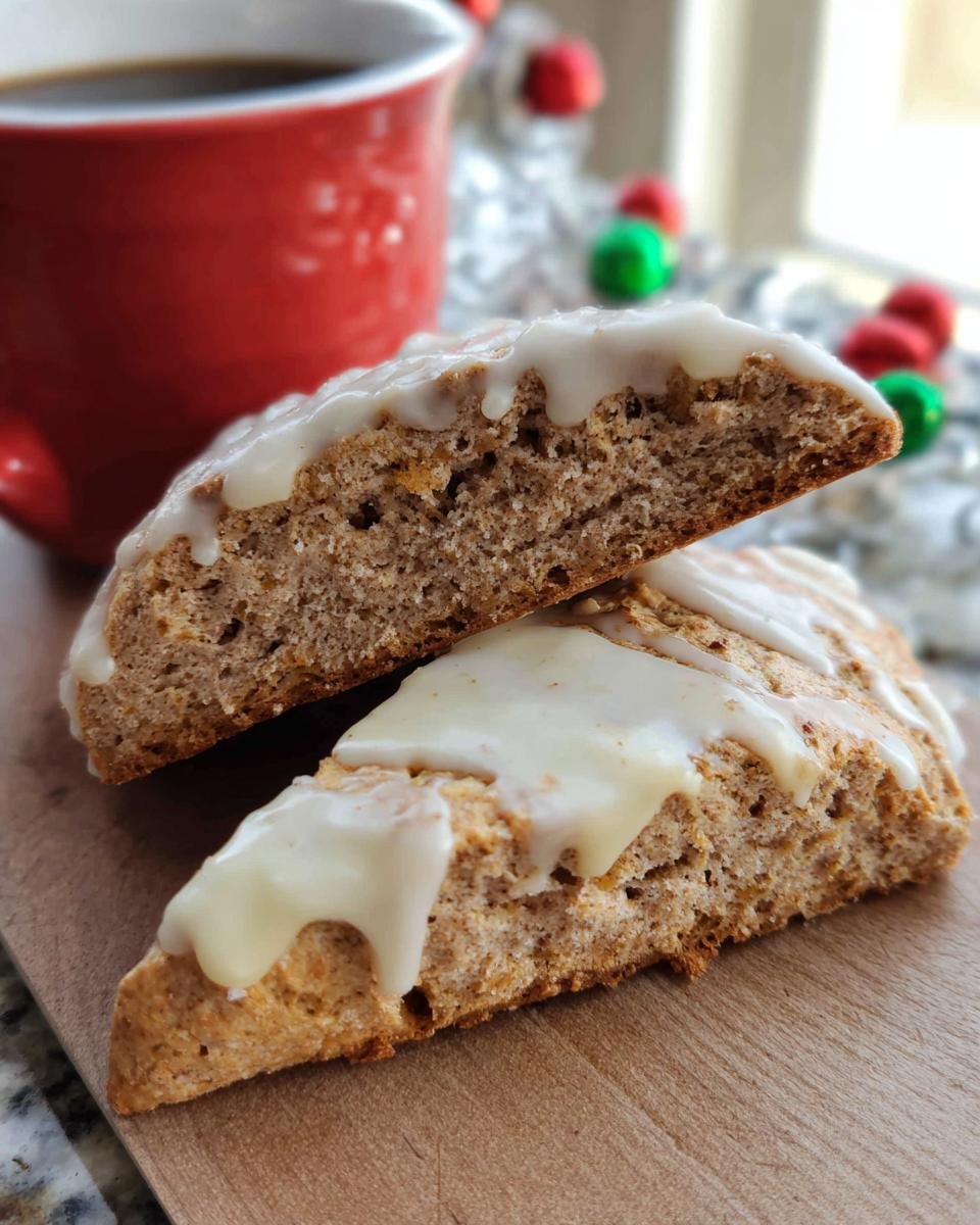 Two iced Gingerbread Scones stacked on a wooden board, with a red mug of coffee in the background.