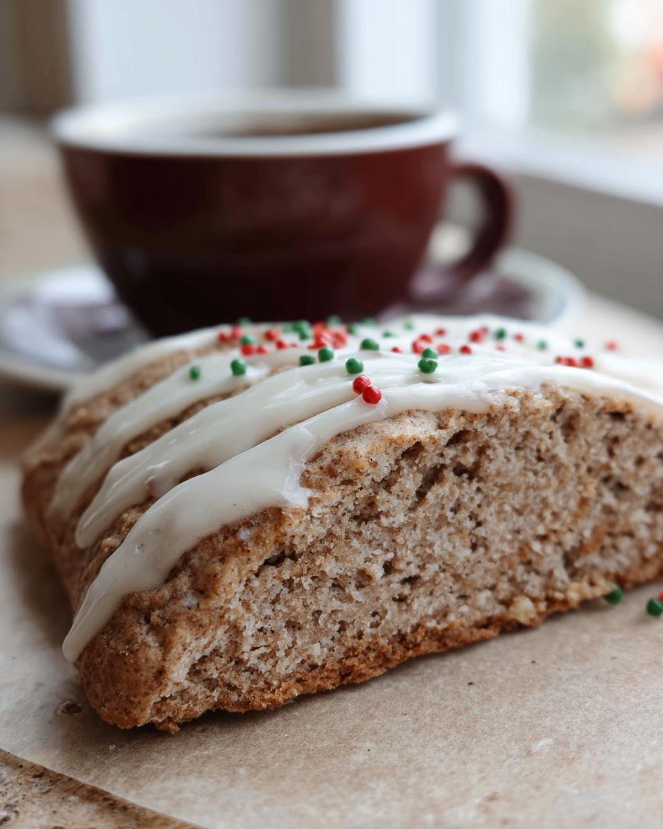 Close-up of a glazed Gingerbread Scone with sprinkles, served with a cup of coffee.