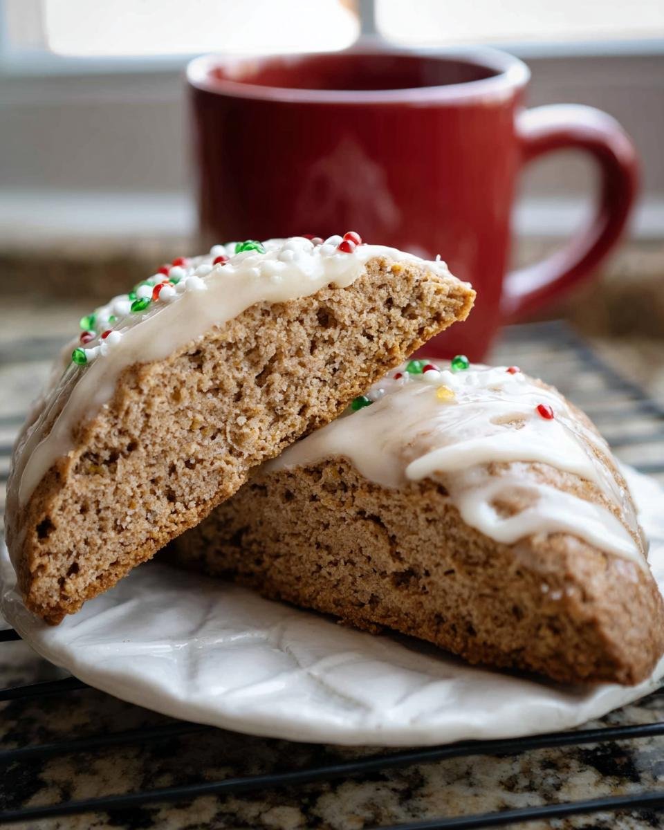 Two iced Gingerbread Scones, one cut in half, on a white plate with a red mug in the background.