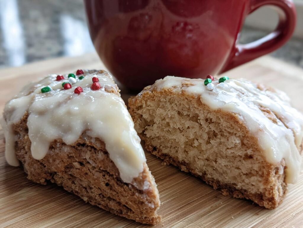 Two iced Gingerbread Scones with sprinkles, one cut in half, next to a red mug.
