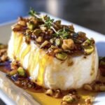 A creamy Goat Cheese Appetizer with Honey, nuts, and fresh herbs on a white plate.