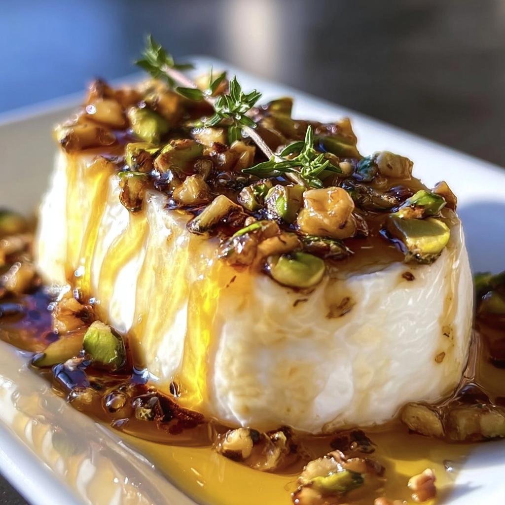 A creamy Goat Cheese Appetizer with Honey, nuts, and fresh herbs on a white plate.