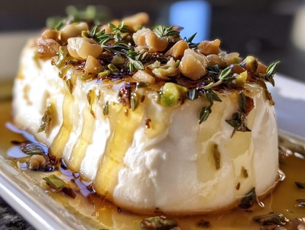 Close-up of a creamy Goat Cheese Appetizer with Honey, nuts, and herbs on a plate.