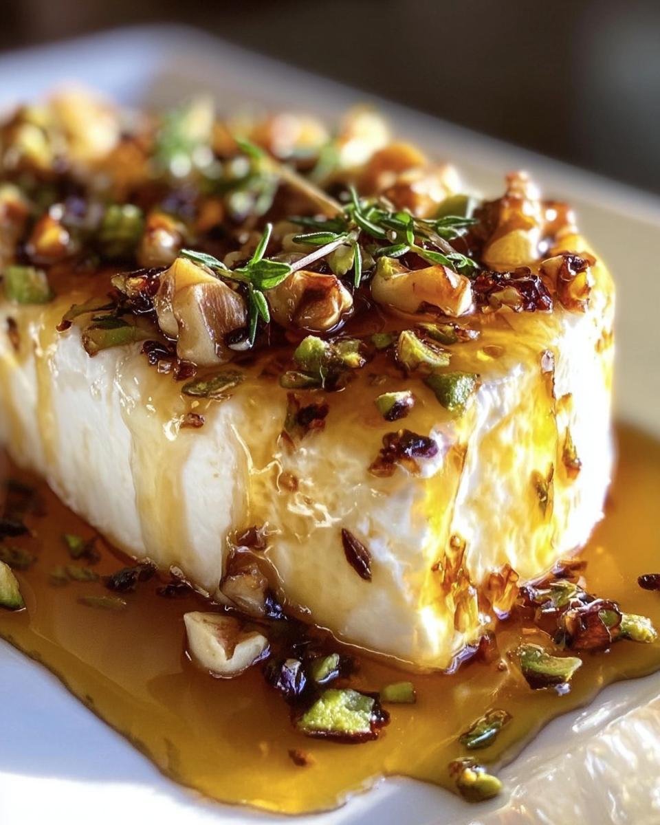 Delicious Goat Cheese Appetizer with Honey, topped with nuts and fresh herbs, drizzled with honey.