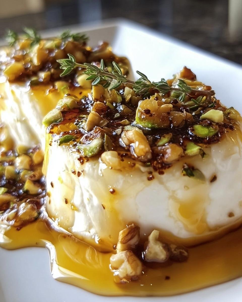 Two servings of Goat Cheese Appetizer with Honey, topped with nuts and herbs on a white plate.