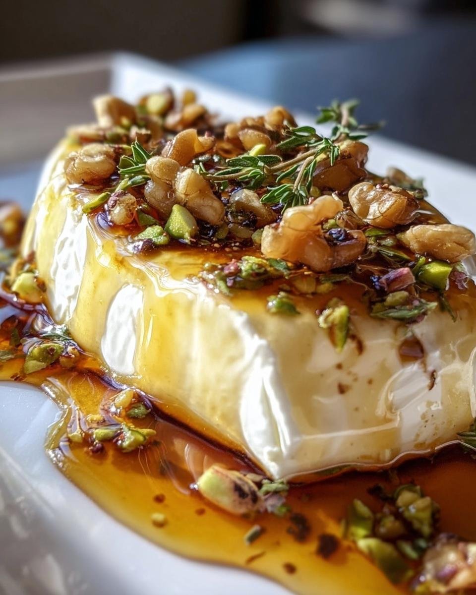 Delicious Goat Cheese Appetizer with Honey, walnuts, and pistachios on a white plate. Garnished with thyme.