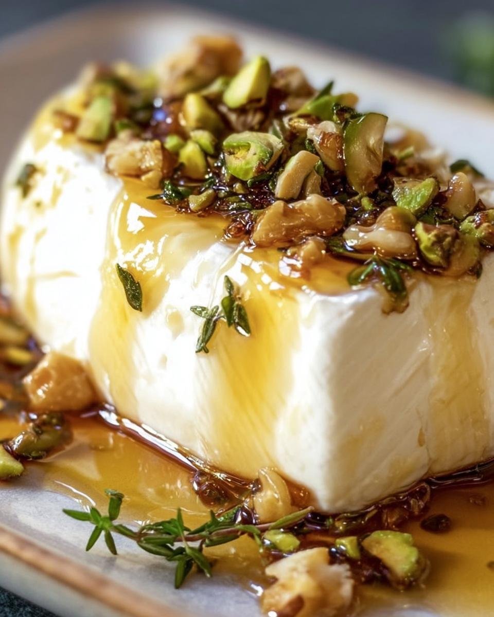 Close-up of a Goat Cheese Appetizer with Honey, pistachios, walnuts, and fresh thyme on a plate.