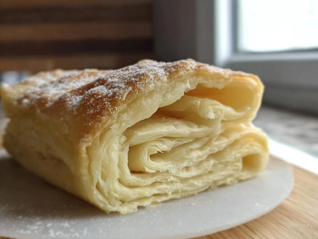 Close-up of Gordon Ramsay’s Puff Pastry dessert, showing flaky layers and a dusting of powdered sugar.