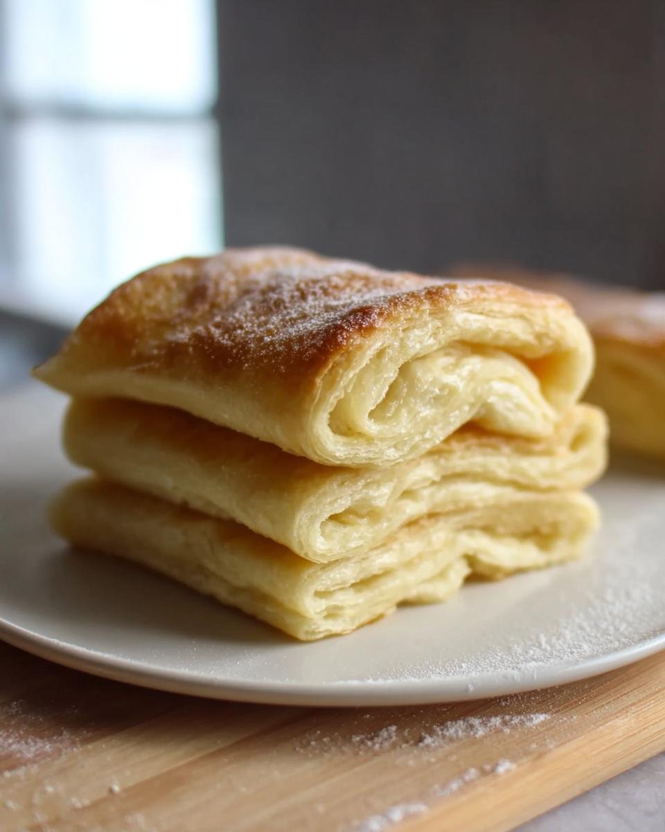 A stack of golden Gordon Ramsay’s Puff Pastry dessert, dusted with powdered sugar on a white plate.