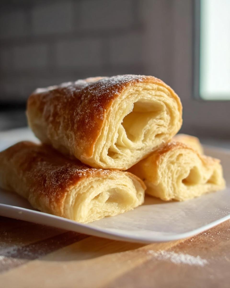 A stack of golden brown Gordon Ramsay’s Puff Pastry, dusted with powdered sugar on a white plate.