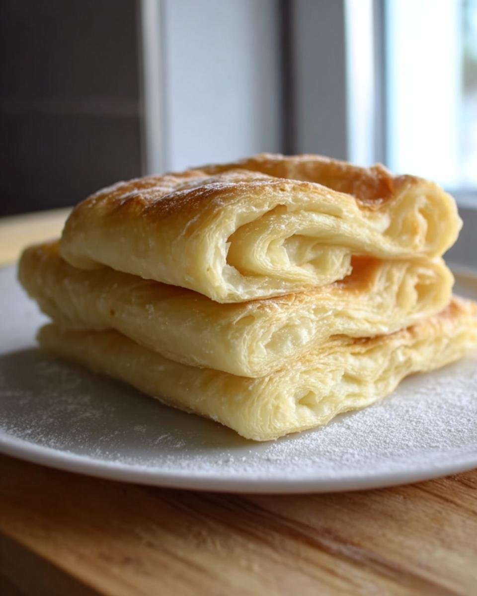 A stack of Gordon Ramsay’s Puff Pastry squares, dusted with powdered sugar, on a white plate.