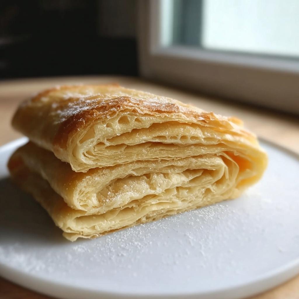 A stack of golden brown Gordon Ramsay’s Puff Pastry layers dusted with powdered sugar on a white plate.