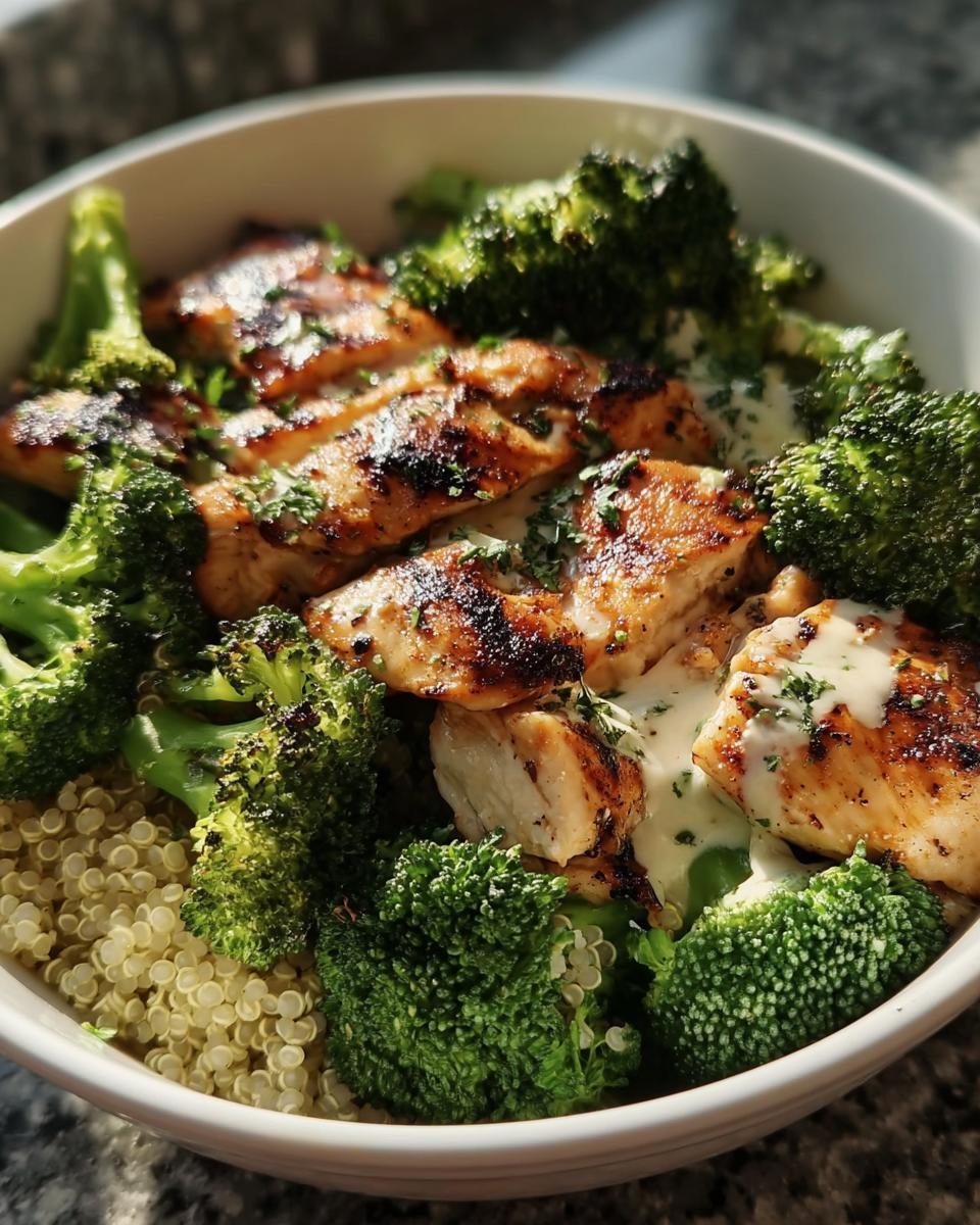 Close-up of a Grilled Chicken & Broccoli Bowl with quinoa and a creamy sauce, garnished with herbs.