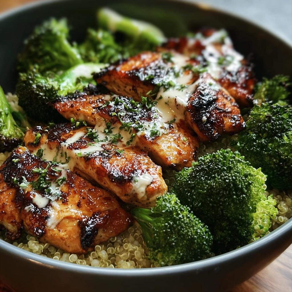 Close-up of a Grilled Chicken & Broccoli Bowl featuring grilled chicken, broccoli florets, quinoa, and a creamy sauce.