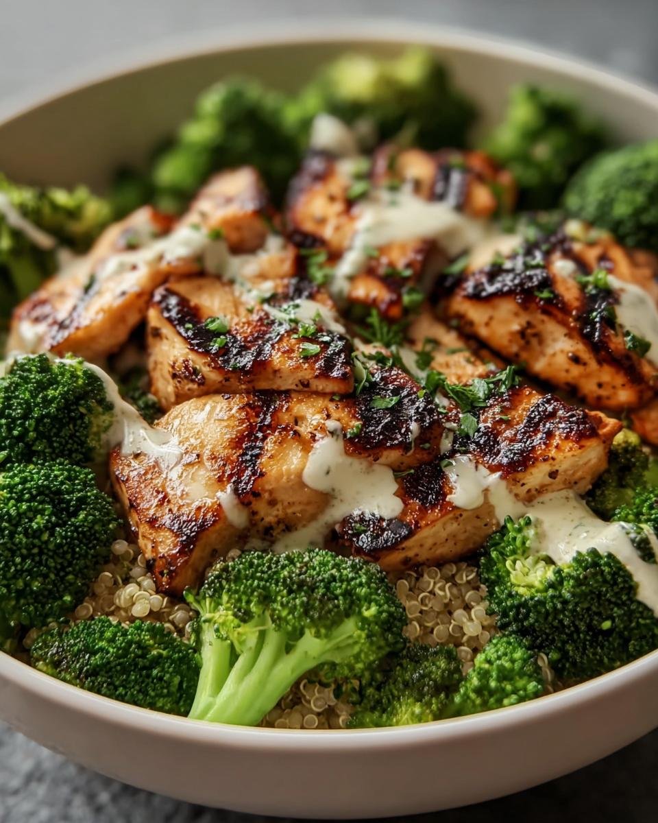 Close-up of Grilled Chicken & Broccoli Bowls with quinoa and a creamy sauce, garnished with herbs.