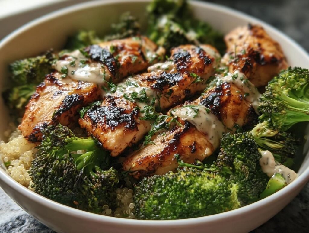 A delicious bowl of Grilled Chicken & Broccoli Bowls with a creamy sauce and fresh herbs.