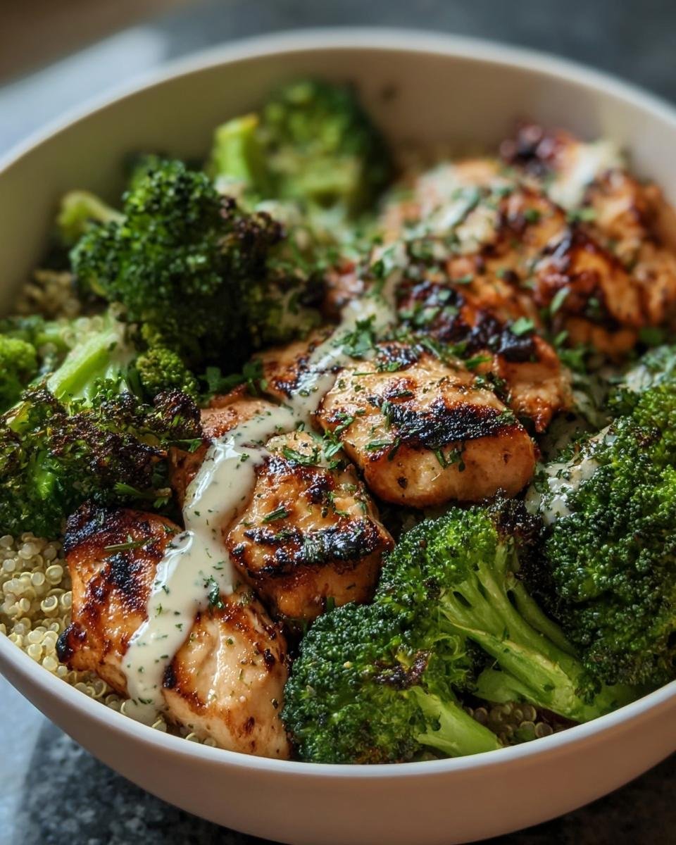 A close-up of Grilled Chicken & Broccoli Bowls with a creamy sauce and quinoa.