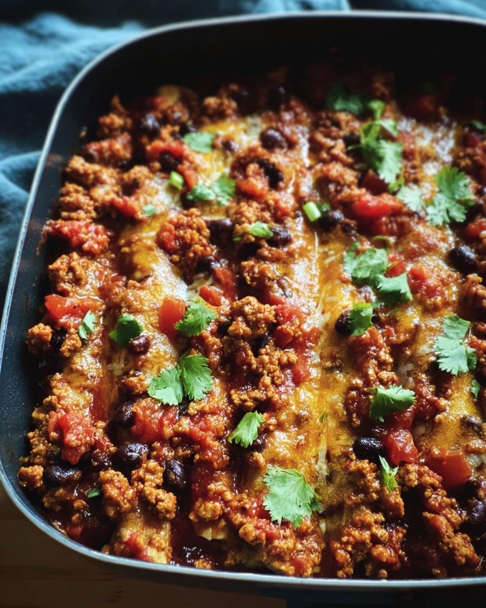 A delicious Ground Turkey Black Bean bake in a pan, topped with melted cheese and fresh cilantro.