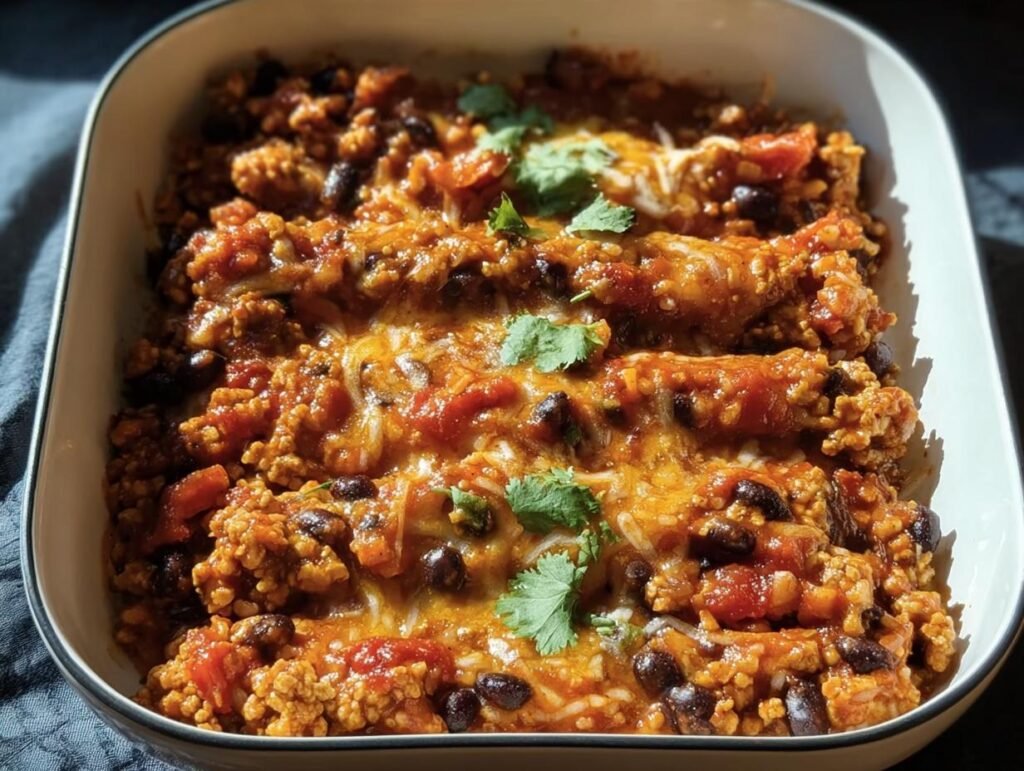 A delicious Ground Turkey Black Bean bake in a white dish, topped with melted cheese and cilantro.