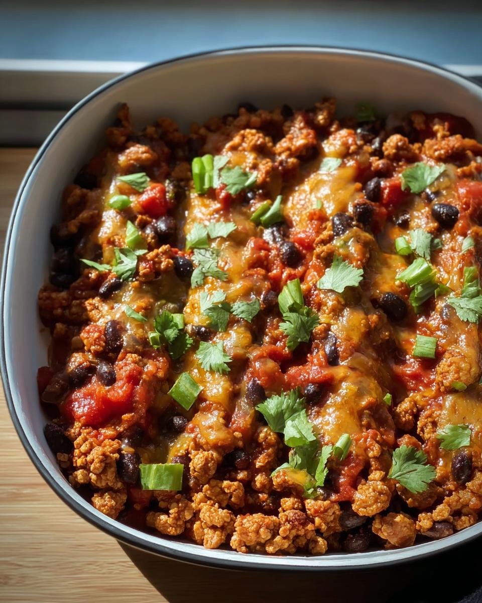 Bowl of Ground Turkey Black Bean dinner, topped with cheese and cilantro.