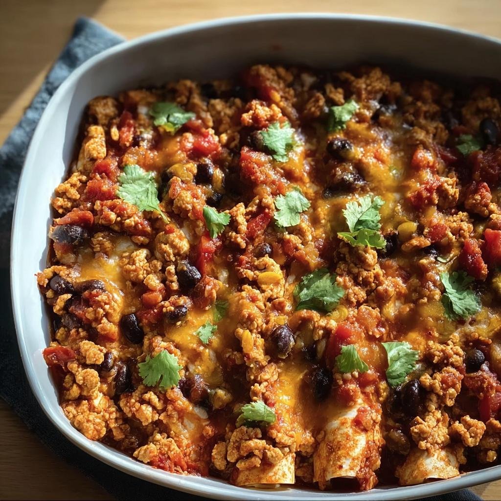 Overhead view of a Ground Turkey Black Bean enchilada casserole, garnished with cilantro.