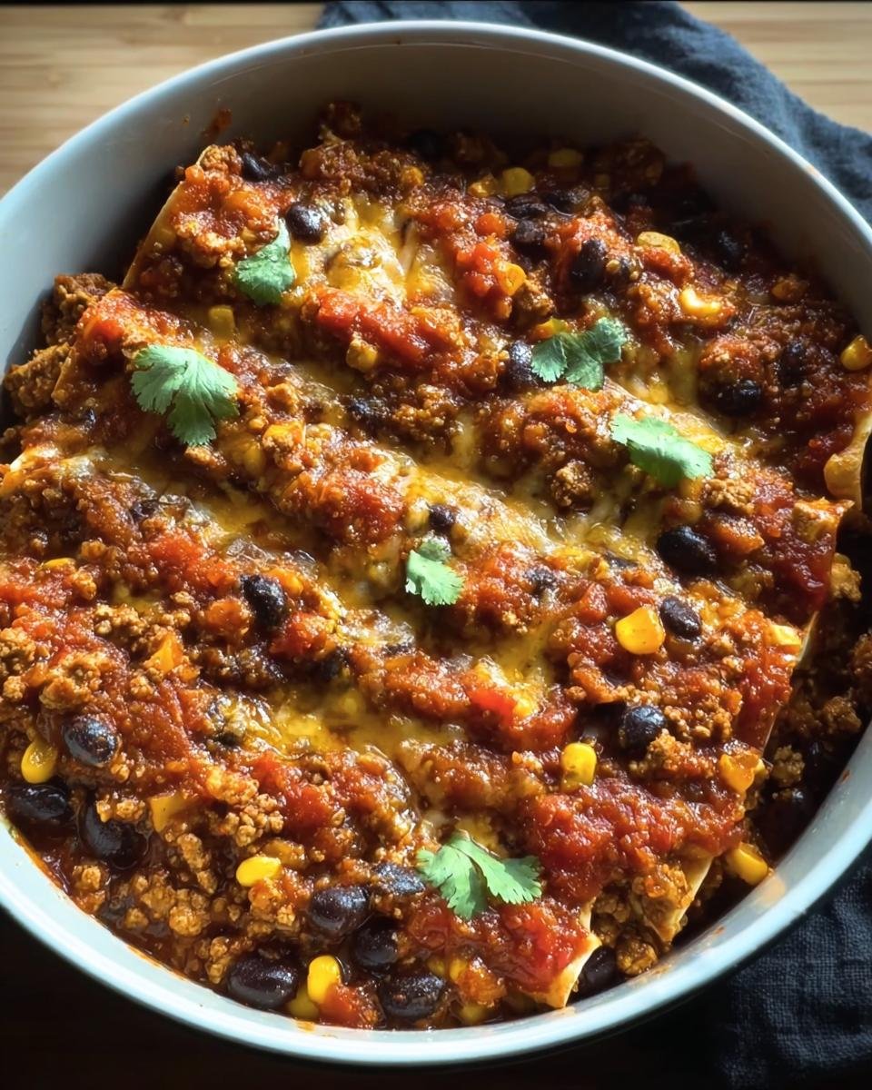 Dish of Ground Turkey Black Bean enchiladas topped with cheese, tomato sauce, corn, and cilantro.