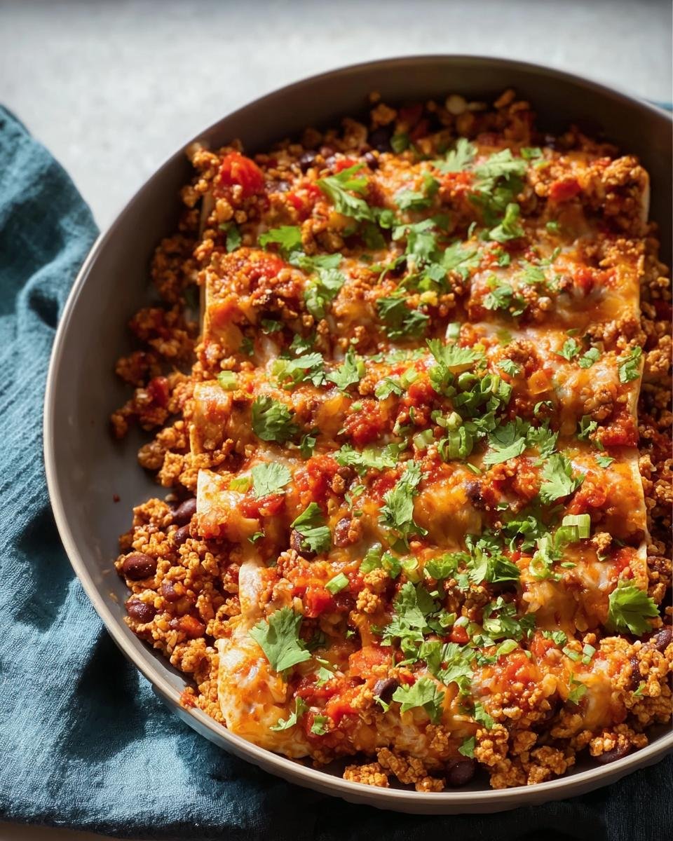 A delicious pan of Ground Turkey Black Bean enchiladas topped with cilantro and green onions.